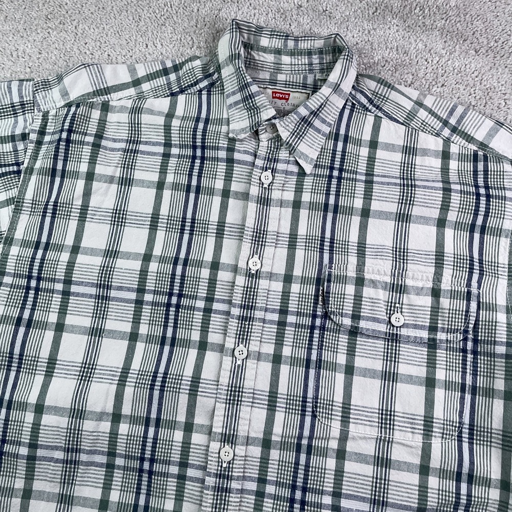 Vintage Levis Shirt Mens Medium Grey Green Plaid Short Sleeve Button Up Oxford